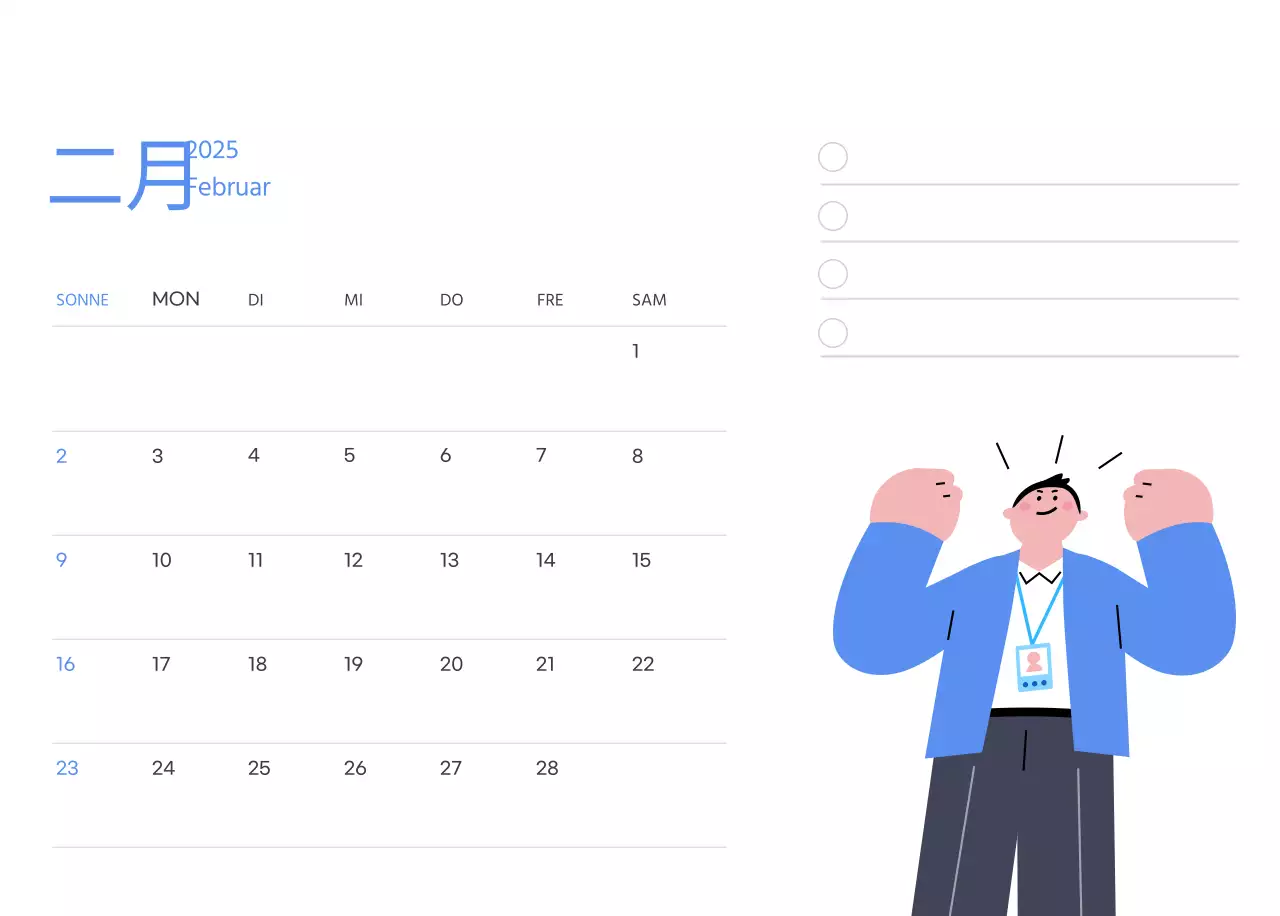 Motivationskalender mit energiegeladenen Illustrationen und positiven Zitaten auf hellblauem Hintergrund