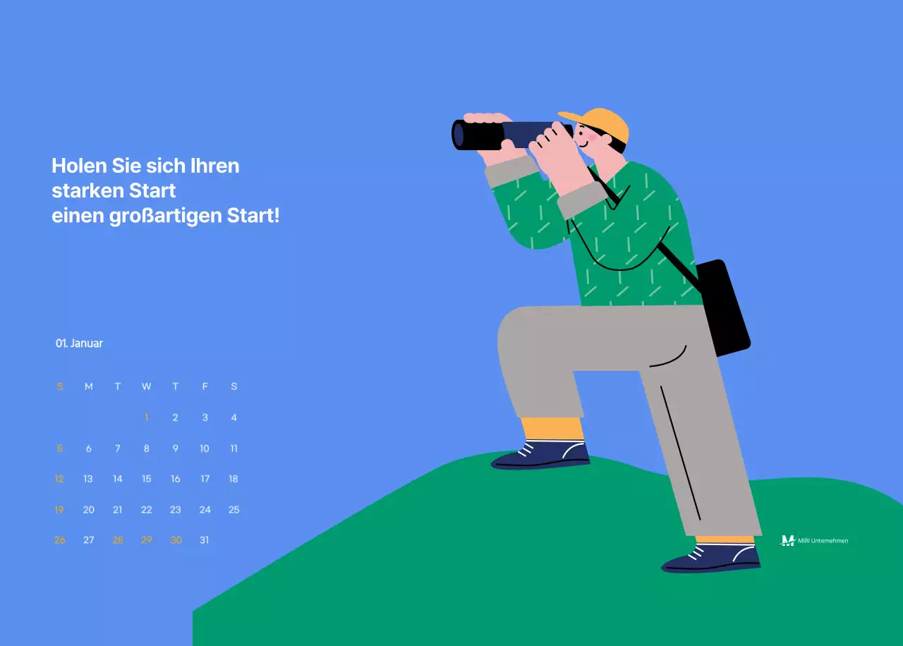 Motivationskalender mit energiegeladenen Illustrationen und positiven Zitaten auf hellblauem Hintergrund