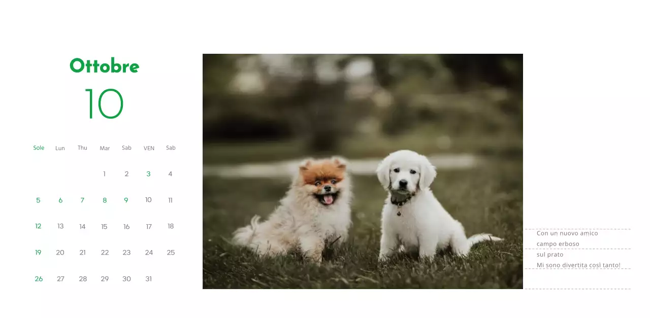 Un calendario con la foto di un cucciolo e un simpatico messaggio in colore verde.