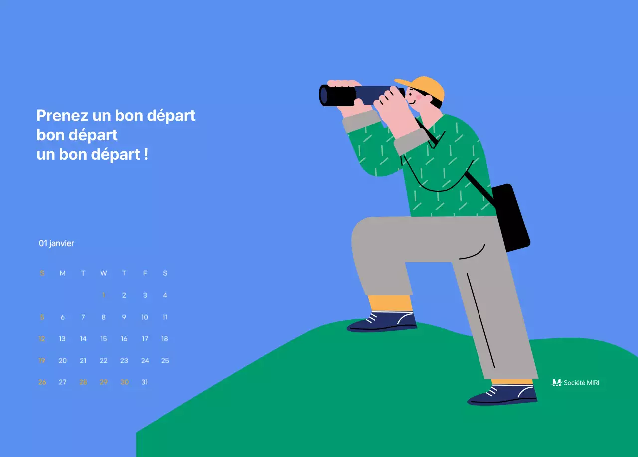 Calendrier de motivation avec des illustrations énergiques et des citations positives sur un fond bleu clair