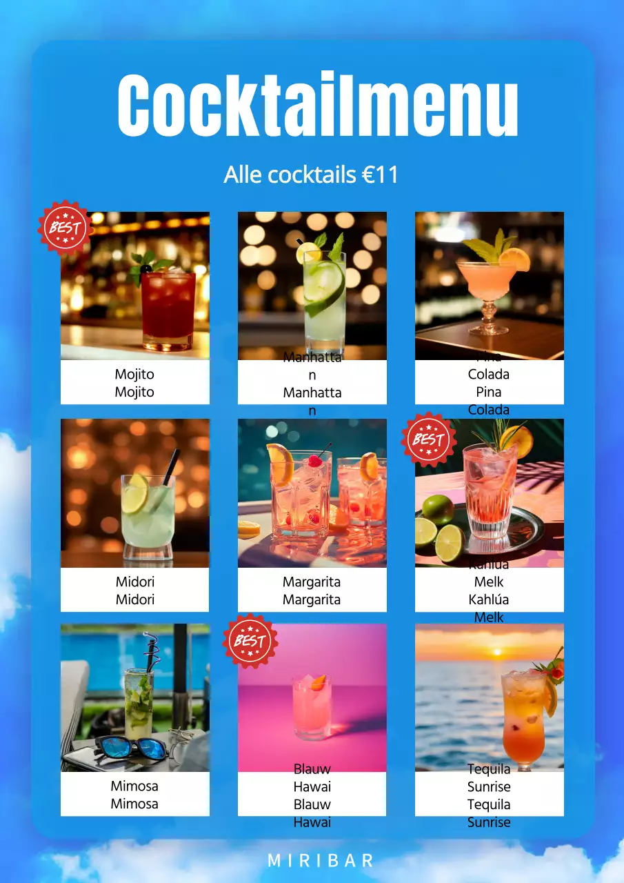 Een verzameling trendy restaurantmenuborden in lichtblauw