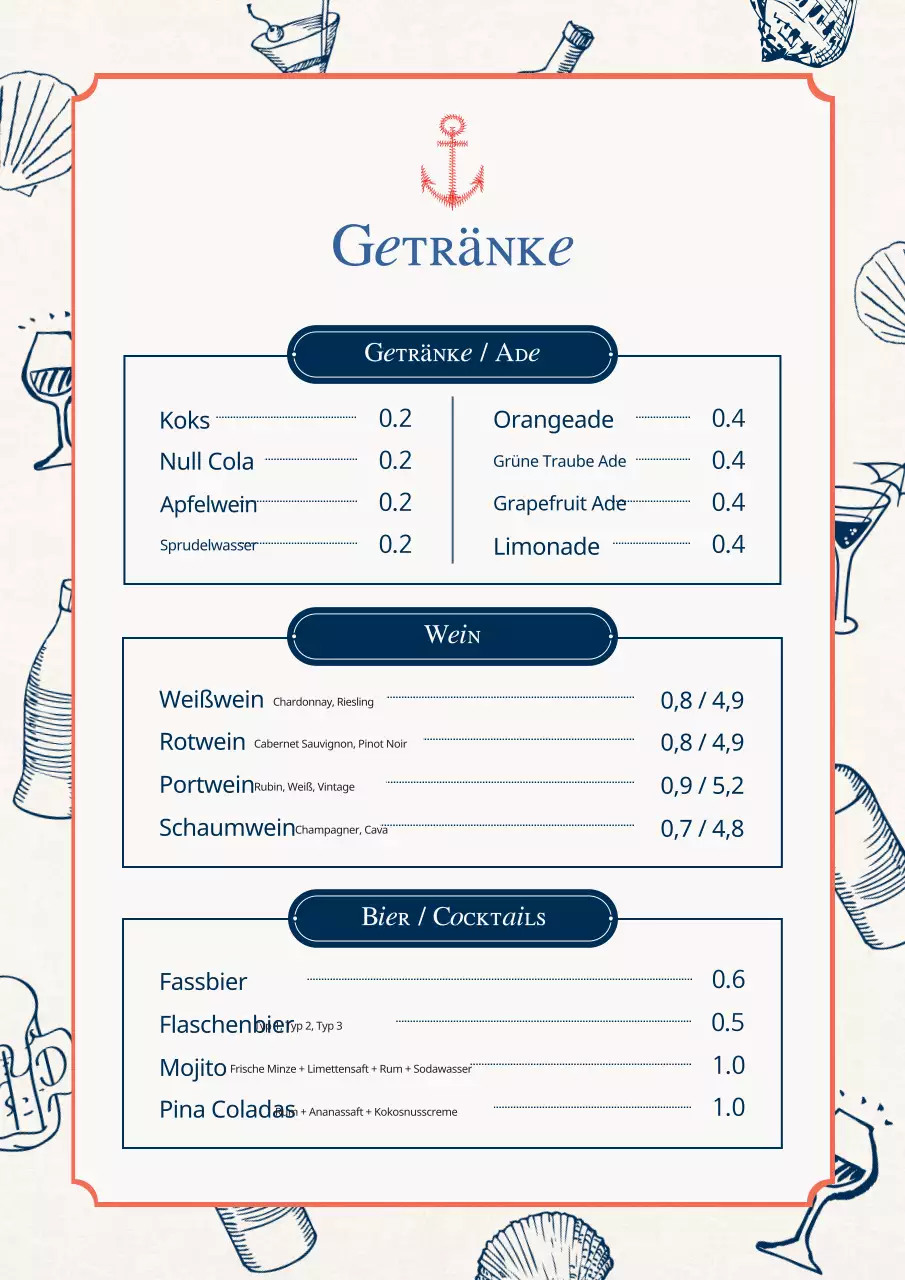 Eine Sammlung alter Menütafeln für Meeresfrüchte in Hellblau und Marineblau.