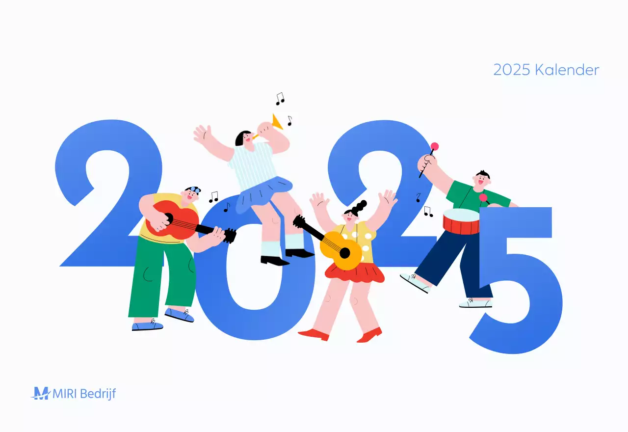 Motiverende kalender met energieke illustraties en positieve citaten op een lichtblauwe achtergrond