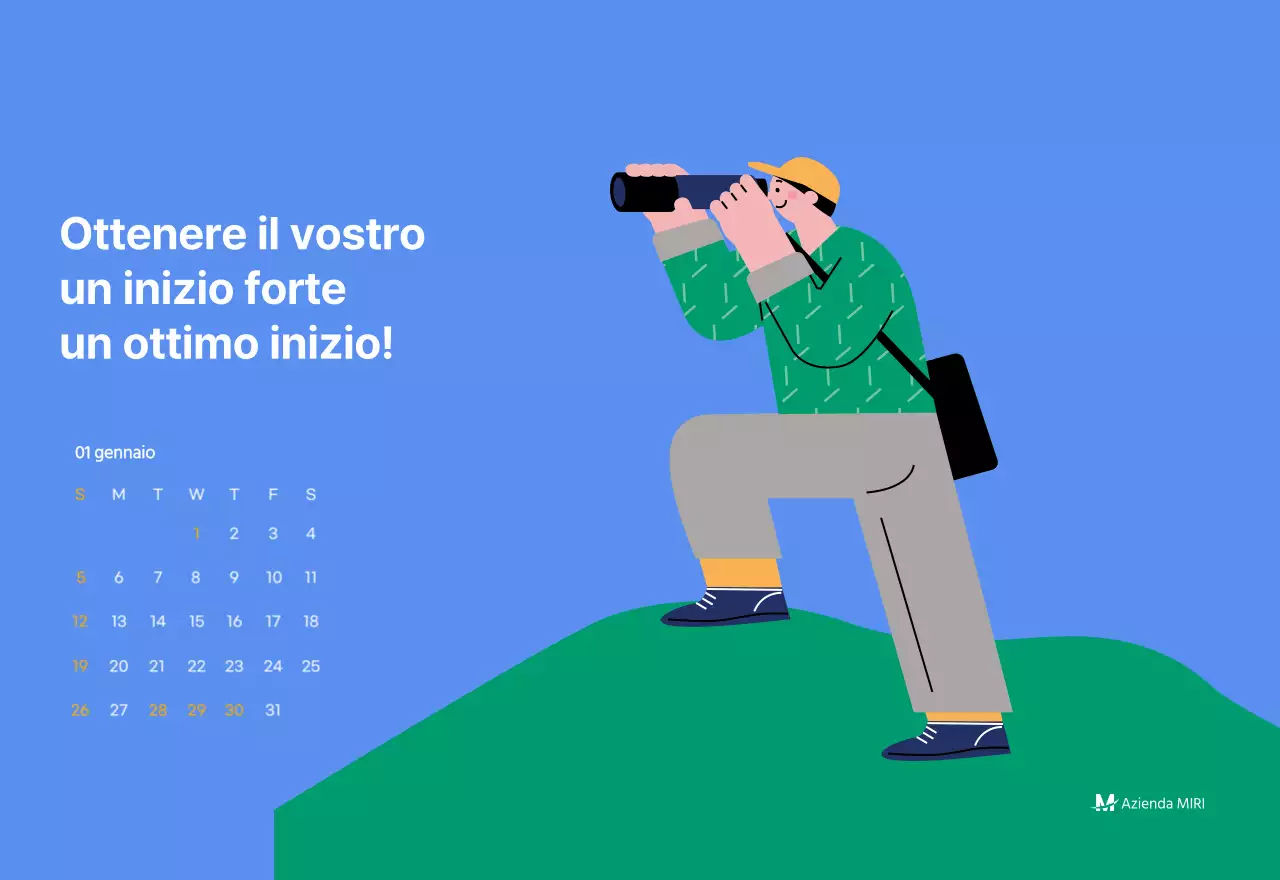 Calendario motivazionale con illustrazioni energetiche e citazioni positive su sfondo azzurro