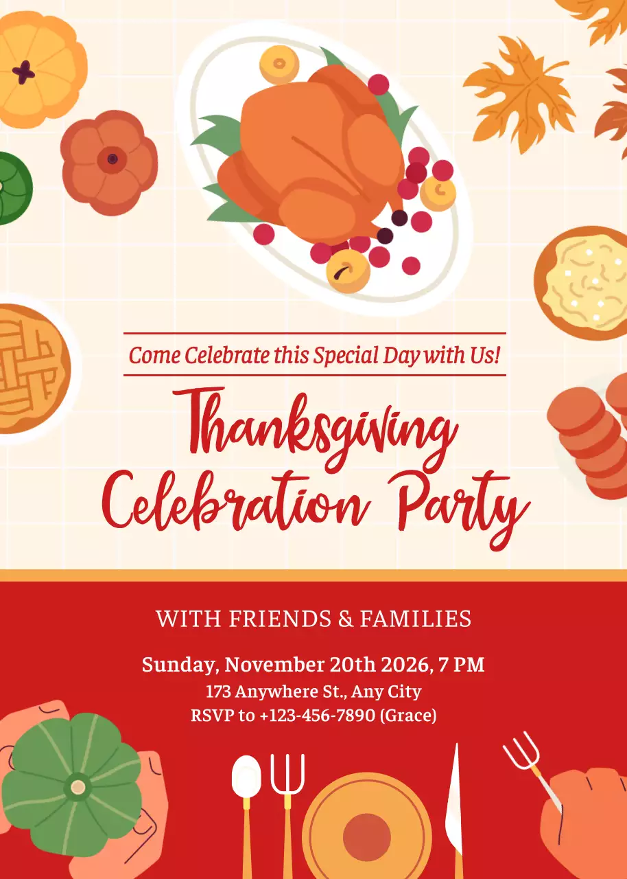 Thiệp mời tiệc mừng Lễ Tạ ơn theo phong cách cổ điển màu đỏ