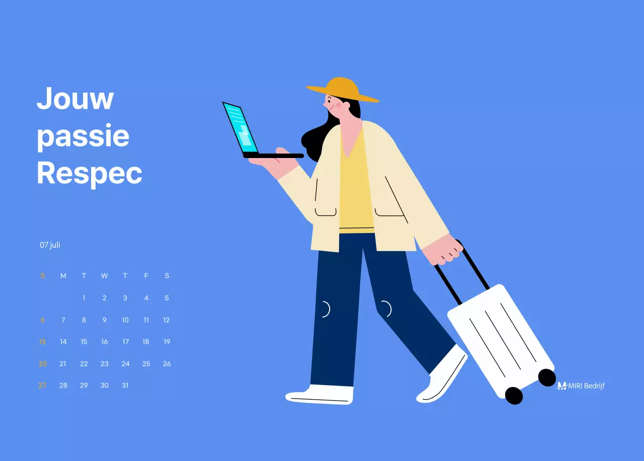 Motiverende kalender met energieke illustraties en positieve citaten op een lichtblauwe achtergrond