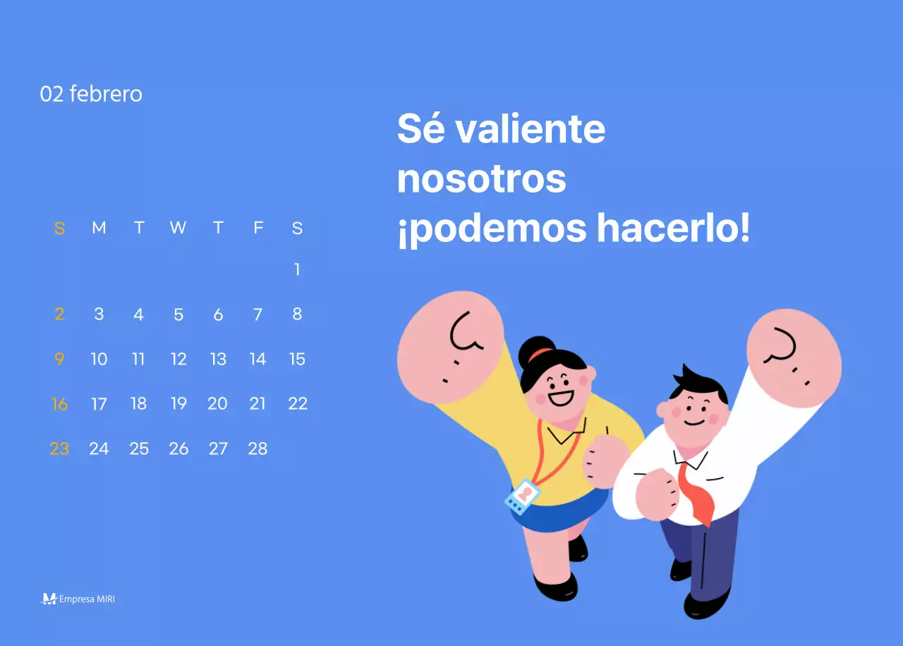 Calendario motivacional con ilustraciones llenas de energía y citas positivas sobre fondo azul claro