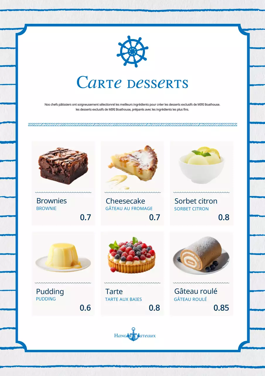 Une collection de tableaux de menus de fruits de mer vintage en bleu clair et bleu marine.