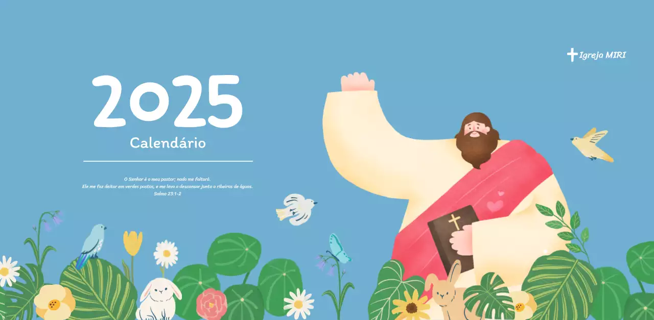 Um calendário devocional com ilustrações acolhedoras e versículos bíblicos sobre um fundo azul claro