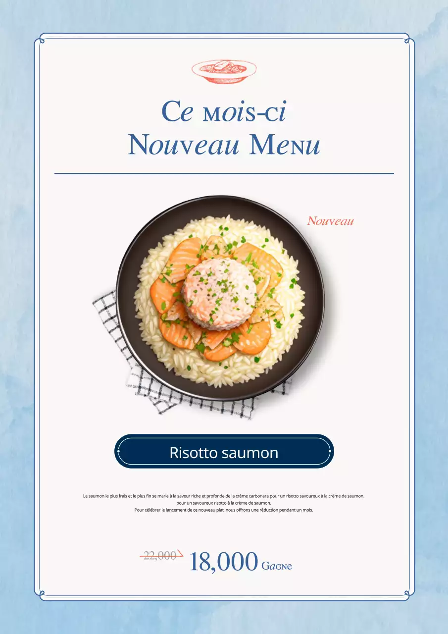 Une collection de tableaux de menus de fruits de mer vintage en bleu clair et bleu marine.