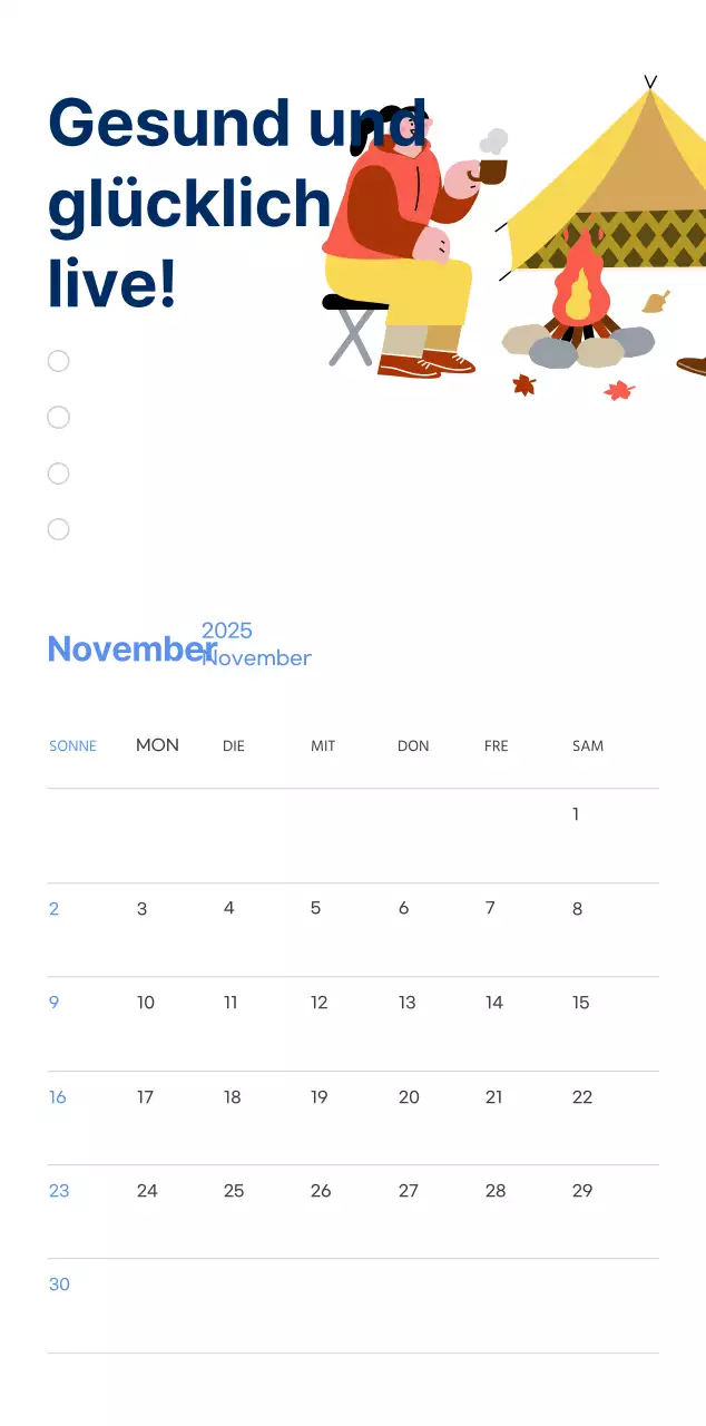 Motivationskalender mit energiegeladenen Illustrationen und positiven Zitaten auf hellblauem Hintergrund