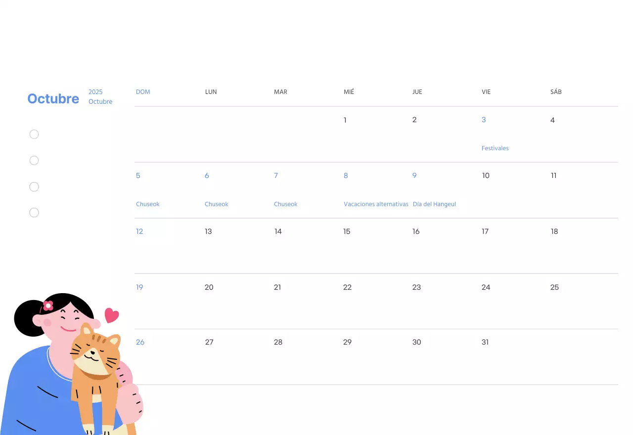 Calendario motivacional con ilustraciones llenas de energía y citas positivas sobre fondo azul claro