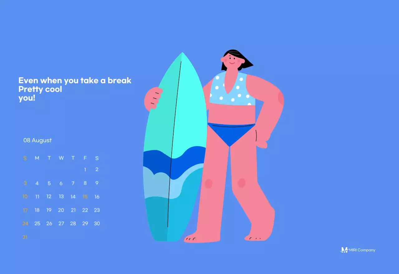 Motivational calendar with energetic illustrations and positive phrases on a light blue background