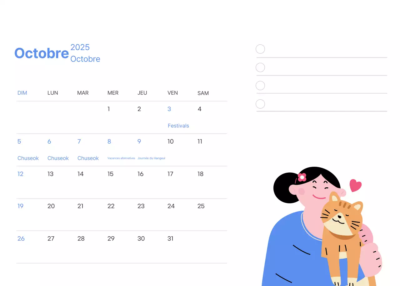 Calendrier de motivation avec des illustrations énergiques et des citations positives sur un fond bleu clair