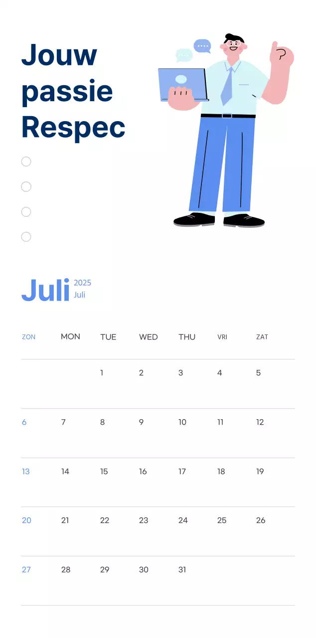 Motiverende kalender met energieke illustraties en positieve citaten op een lichtblauwe achtergrond