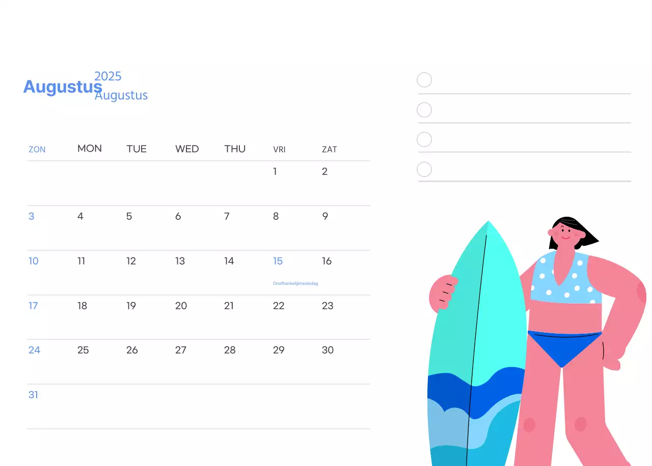 Motiverende kalender met energieke illustraties en positieve citaten op een lichtblauwe achtergrond