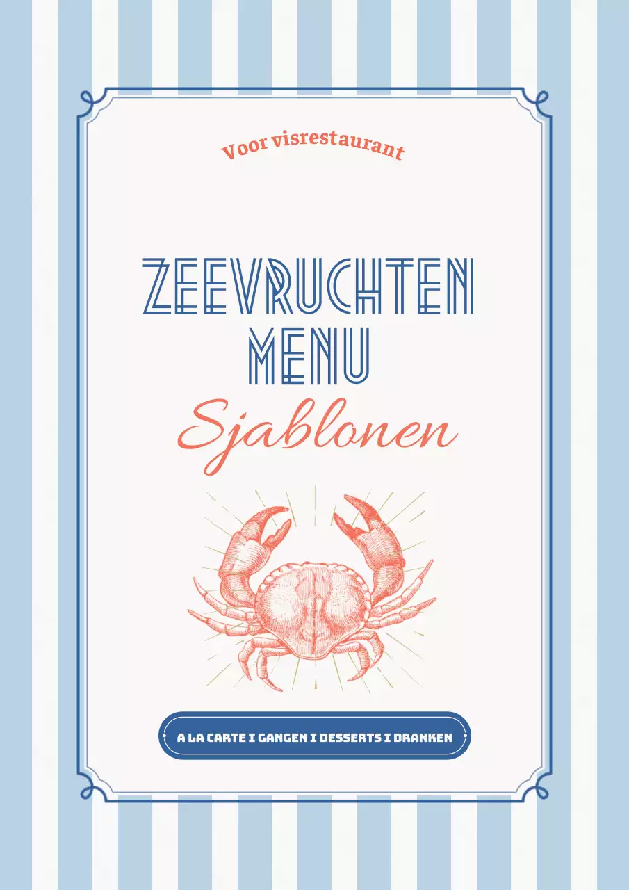 Een verzameling vintage menuborden met zeevruchten in lichtblauw en marineblauw.