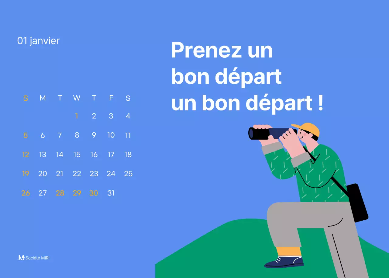 Calendrier de motivation avec des illustrations énergiques et des citations positives sur un fond bleu clair