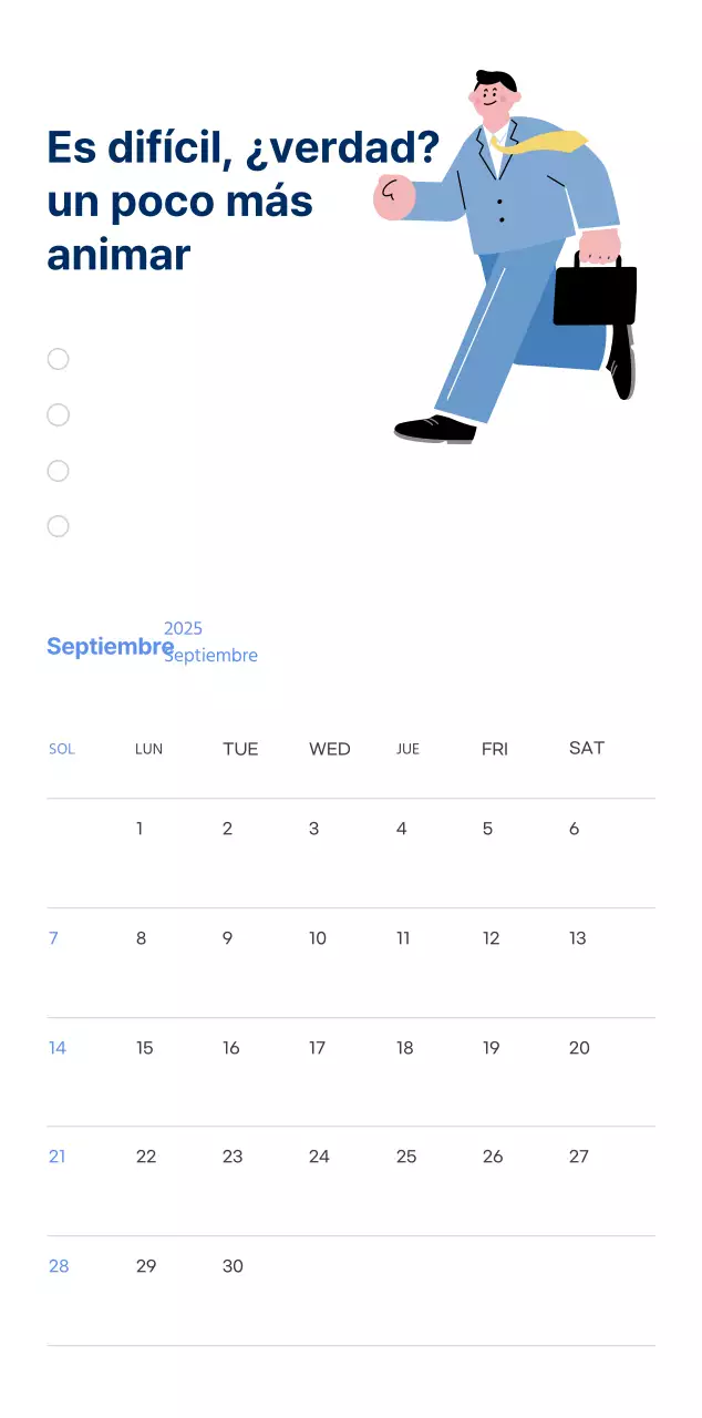 Calendario motivacional con ilustraciones llenas de energía y citas positivas sobre fondo azul claro
