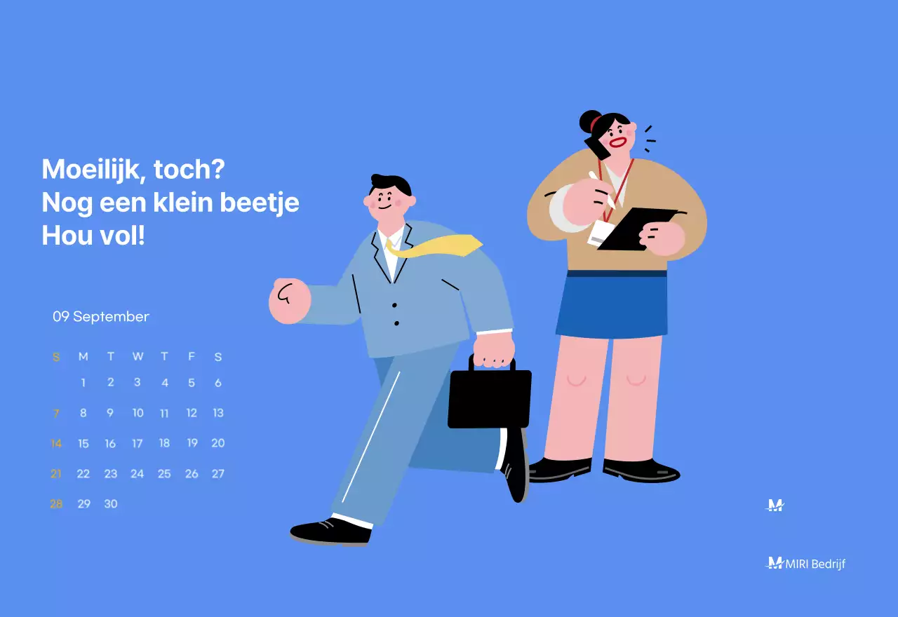 Motiverende kalender met energieke illustraties en positieve citaten op een lichtblauwe achtergrond