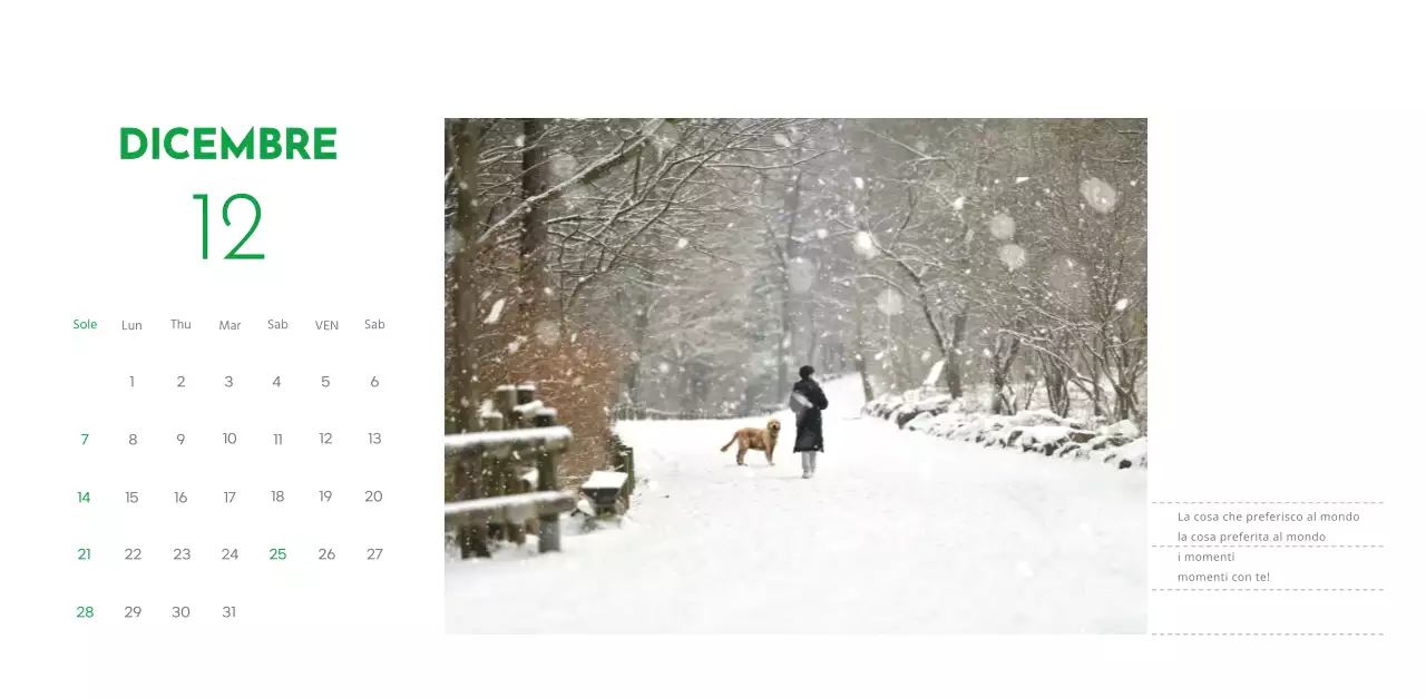 Un calendario con la foto di un cucciolo e un simpatico messaggio in colore verde.