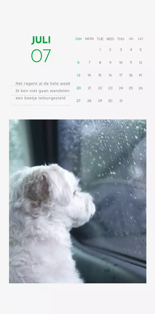 Een kalender met een puppyfoto en een schattige boodschap in groene accentkleur