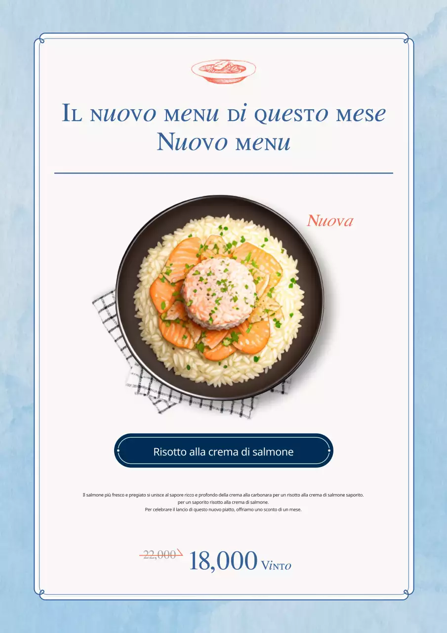 Una collezione di cartelli di menu di pesce d'epoca in blu chiaro e blu navy.