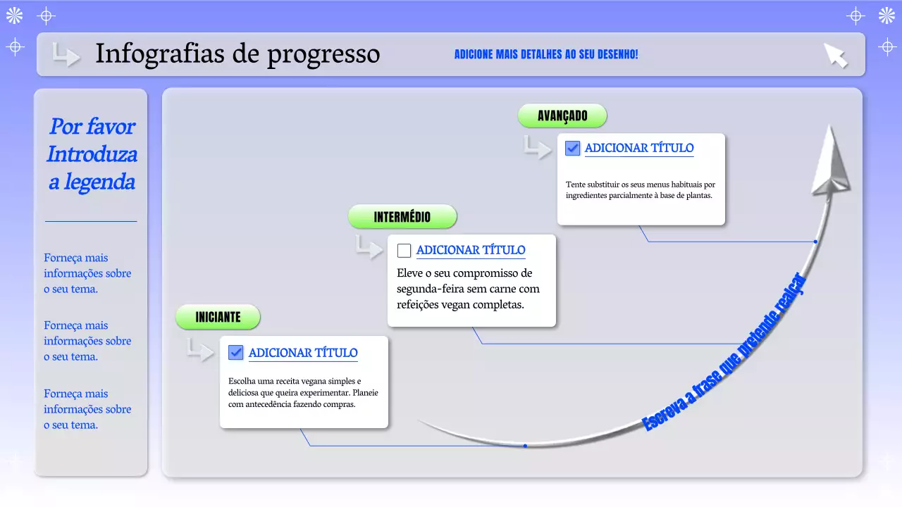 Apresentação infográfica de progressão limpa, azul e cinzenta