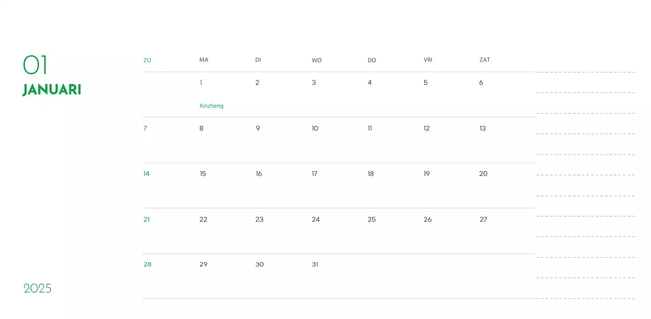 Een kalender met een puppyfoto en een schattige boodschap in groene accentkleur