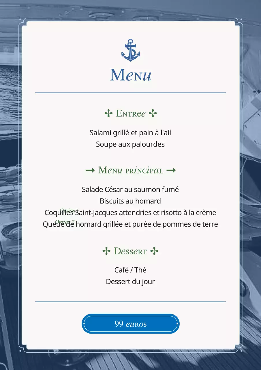 Une collection de tableaux de menus de fruits de mer vintage en bleu clair et bleu marine.
