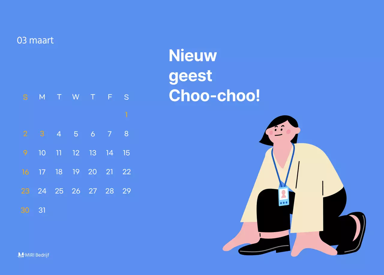 Motiverende kalender met energieke illustraties en positieve citaten op een lichtblauwe achtergrond