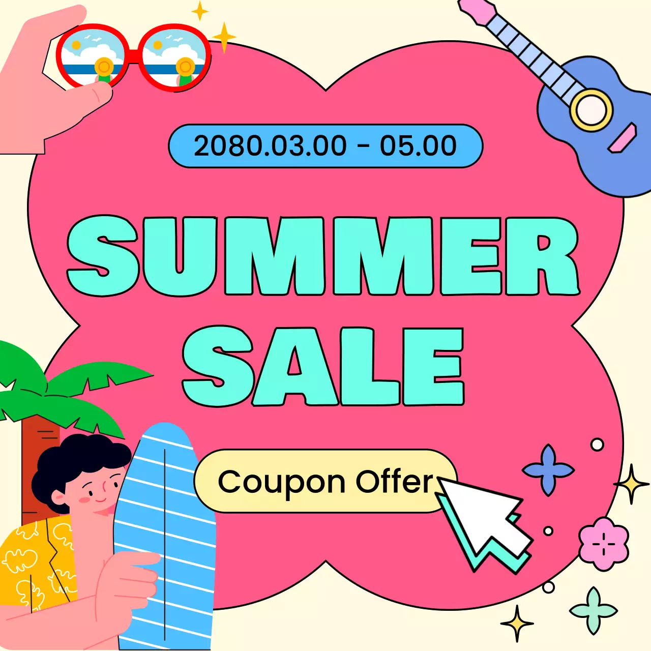 A kitschy collection of summer events in light blue and pink