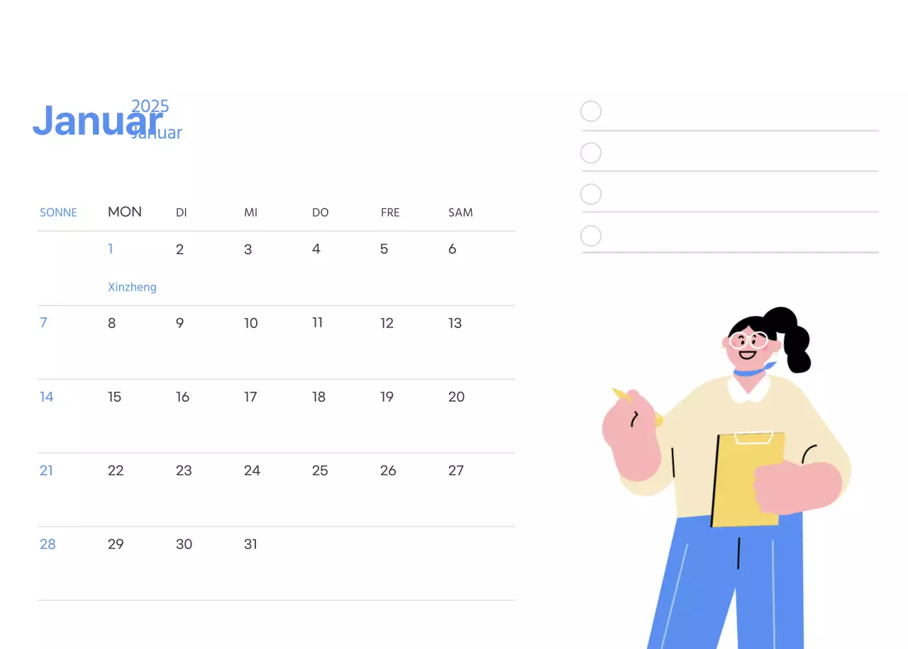 Motivationskalender mit energiegeladenen Illustrationen und positiven Zitaten auf hellblauem Hintergrund