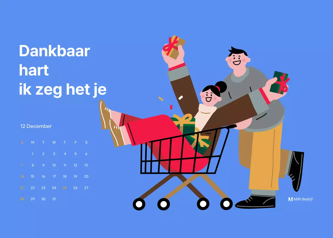 Motiverende kalender met energieke illustraties en positieve citaten op een lichtblauwe achtergrond