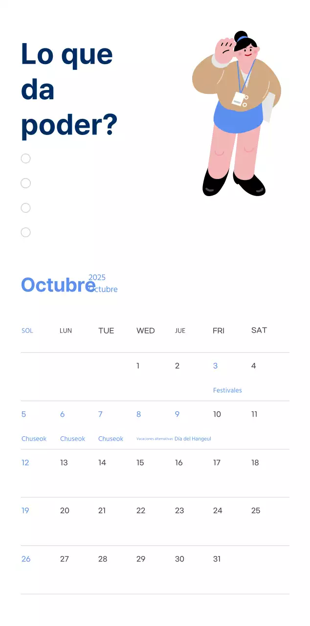 Calendario motivacional con ilustraciones llenas de energía y citas positivas sobre fondo azul claro