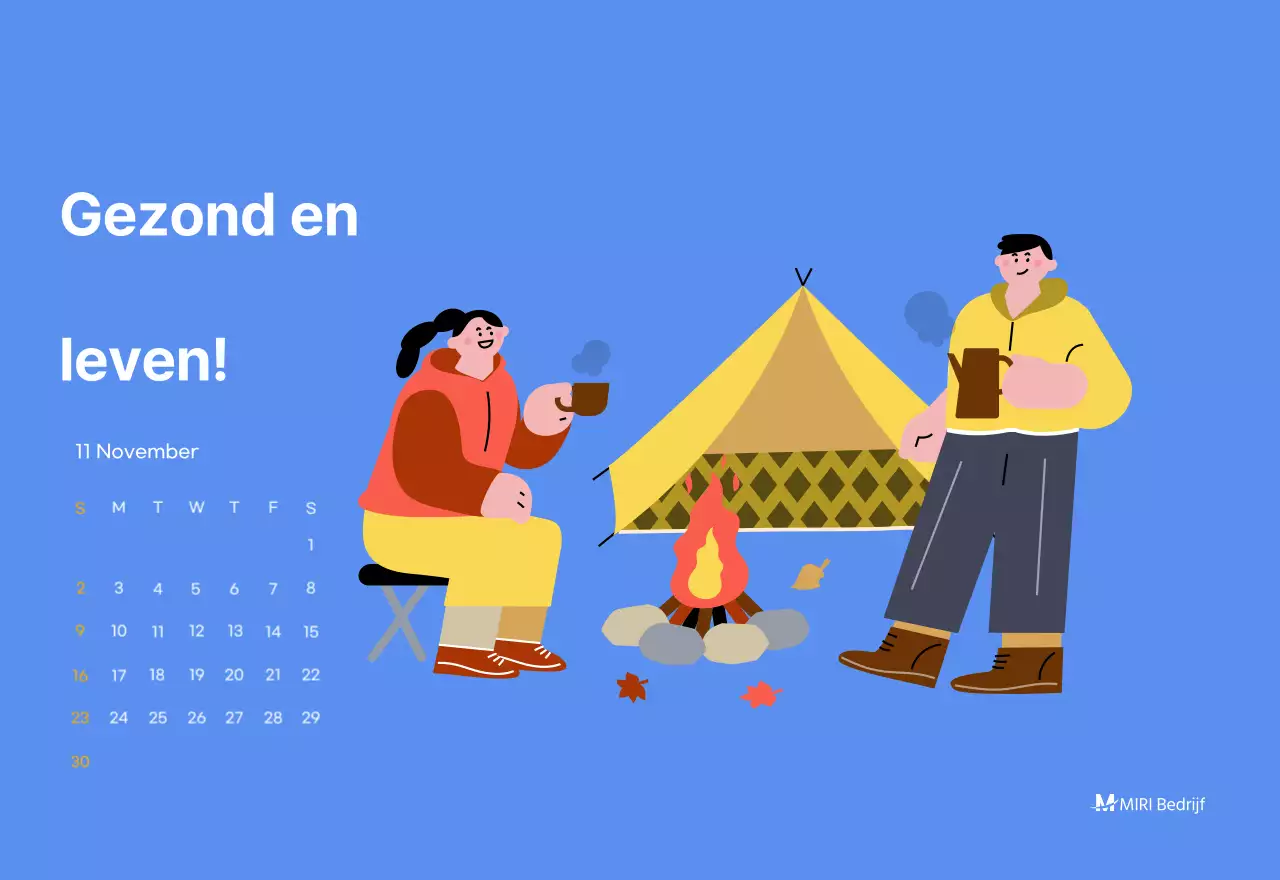 Motiverende kalender met energieke illustraties en positieve citaten op een lichtblauwe achtergrond