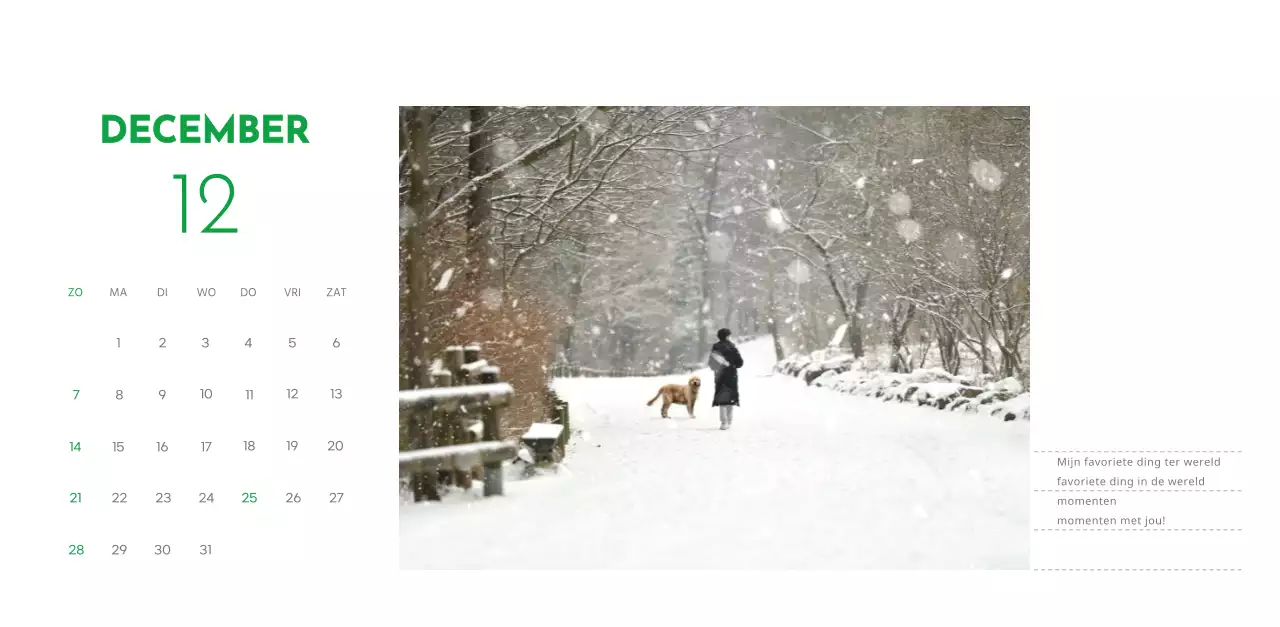 Een kalender met een puppyfoto en een schattige boodschap in groene accentkleur