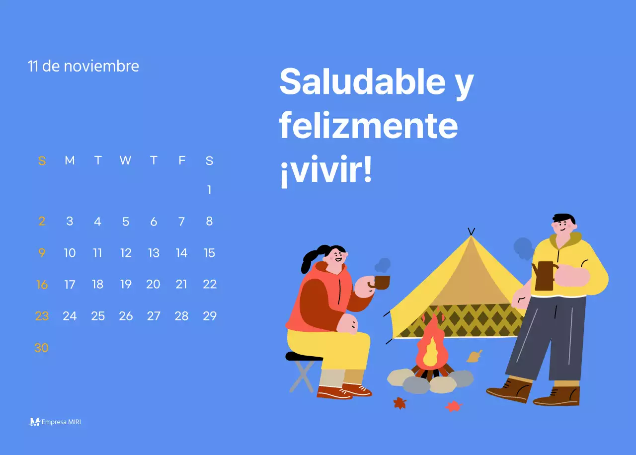 Calendario motivacional con ilustraciones llenas de energía y citas positivas sobre fondo azul claro