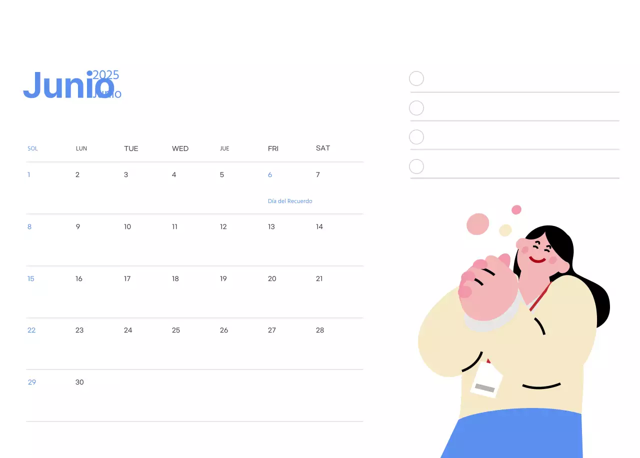 Calendario motivacional con ilustraciones llenas de energía y citas positivas sobre fondo azul claro