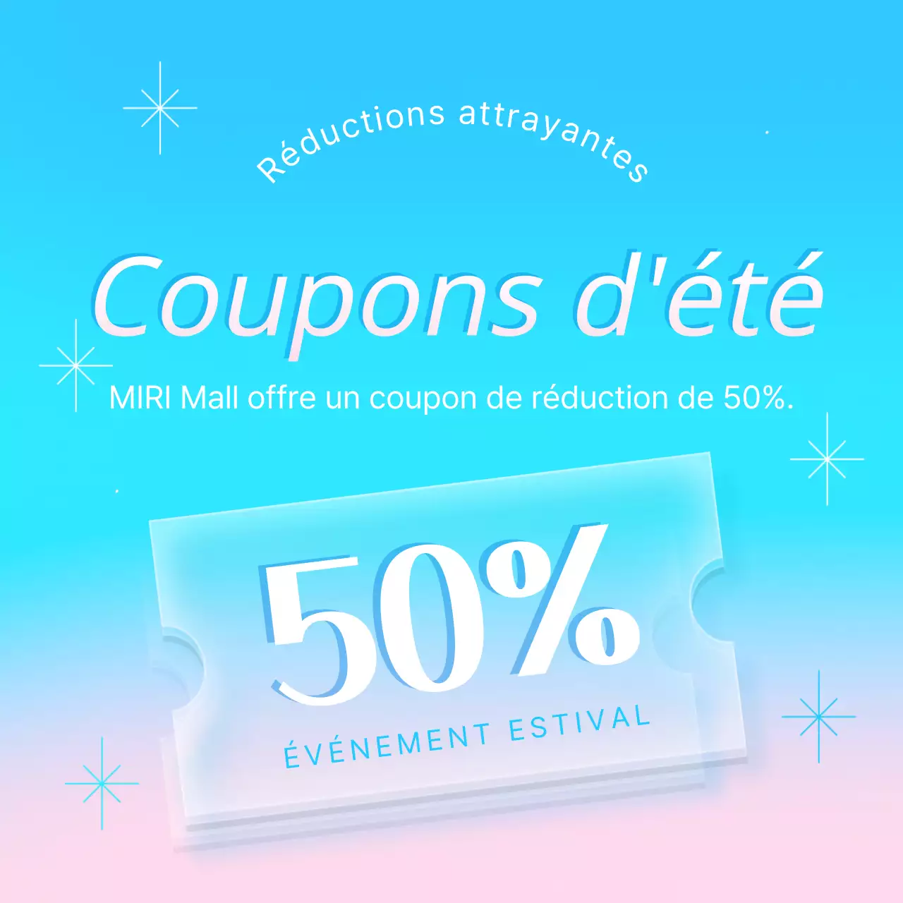 Annonce simple de bons de réduction pour l'été en bleu clair et rose