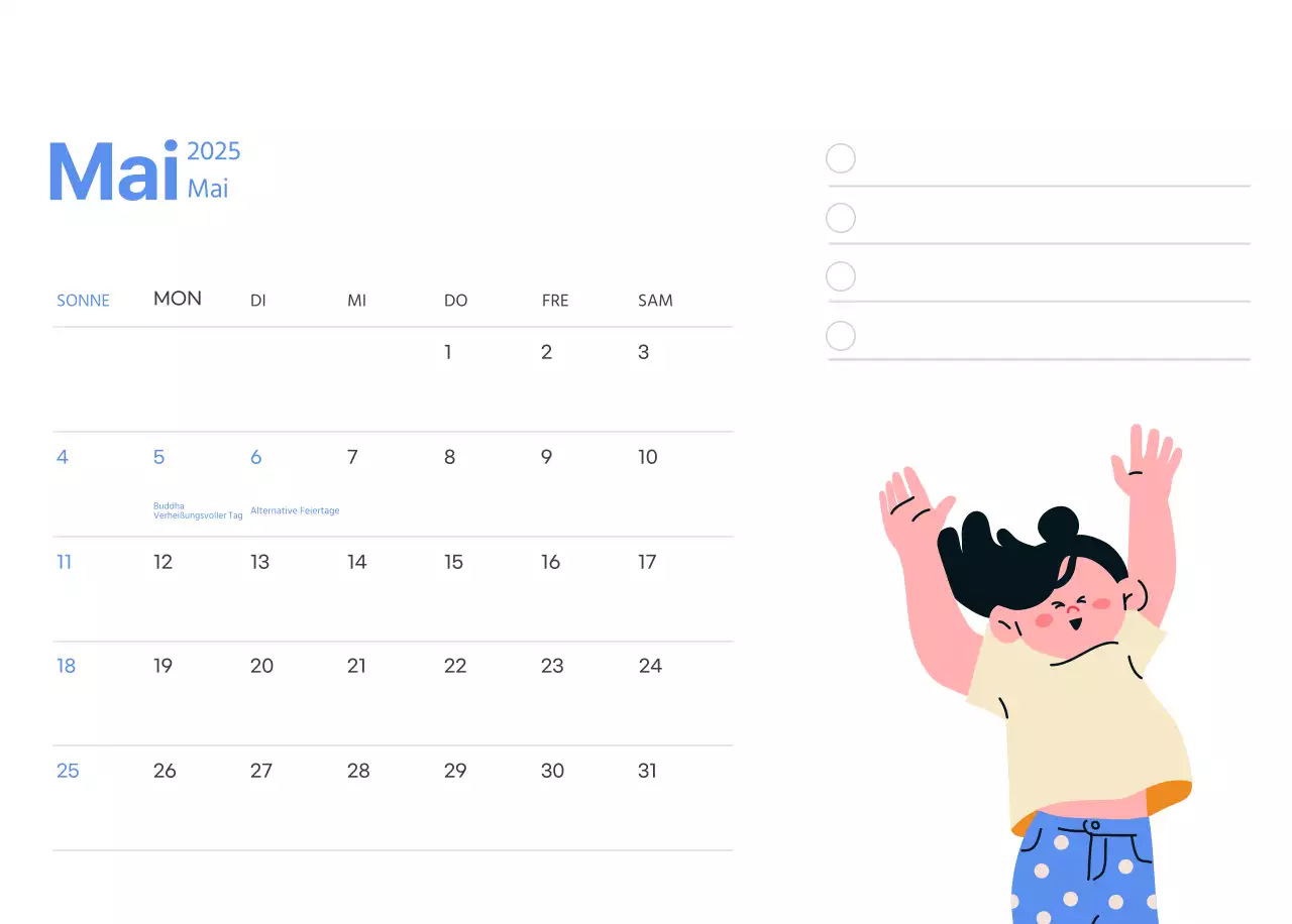 Motivationskalender mit energiegeladenen Illustrationen und positiven Zitaten auf hellblauem Hintergrund
