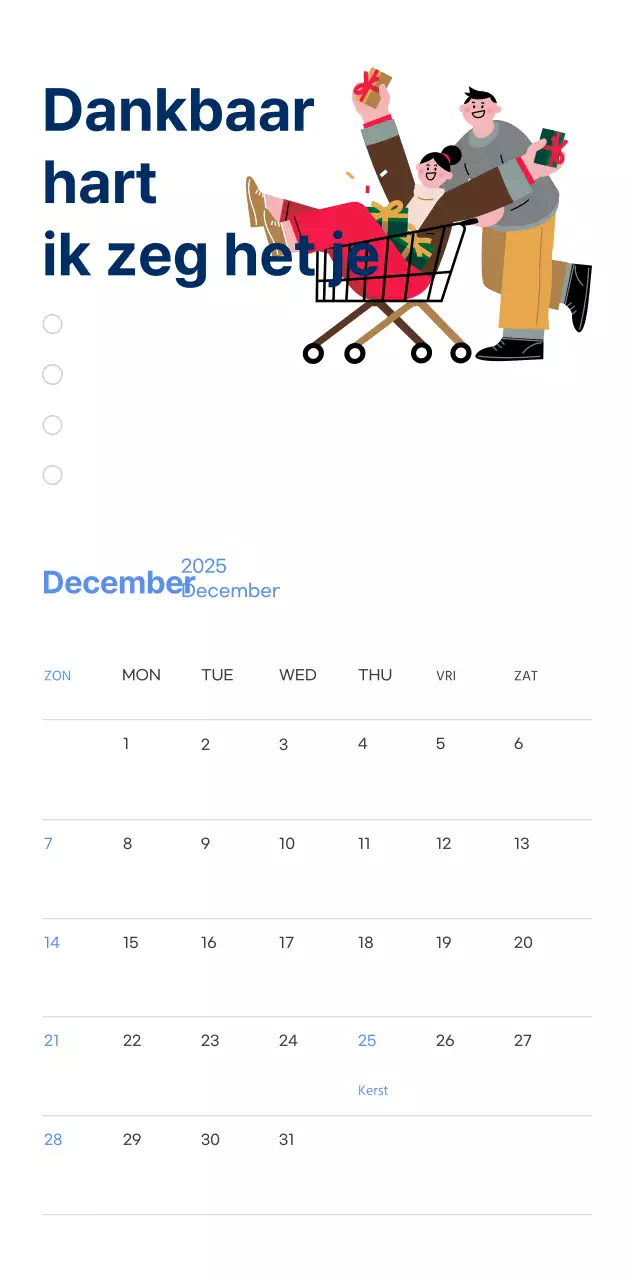 Motiverende kalender met energieke illustraties en positieve citaten op een lichtblauwe achtergrond