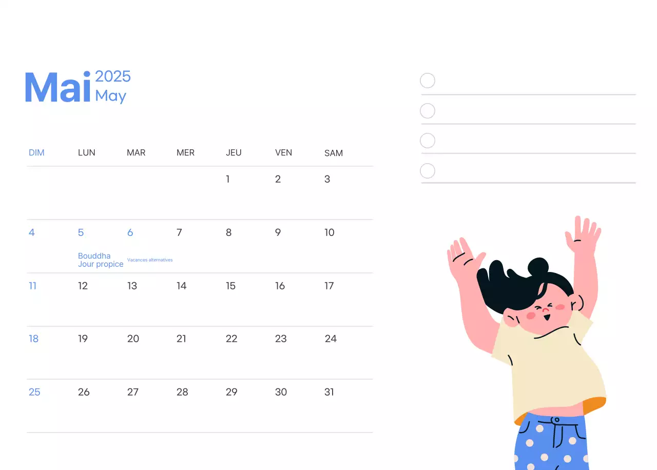 Calendrier de motivation avec des illustrations énergiques et des citations positives sur un fond bleu clair