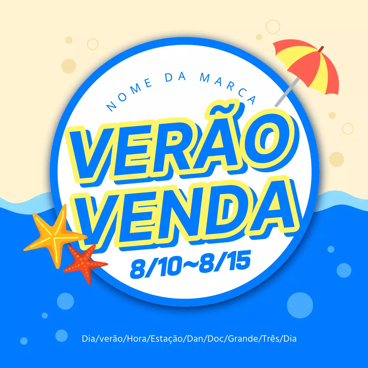Título principal do evento de verão com pormenores em azul e amarelo