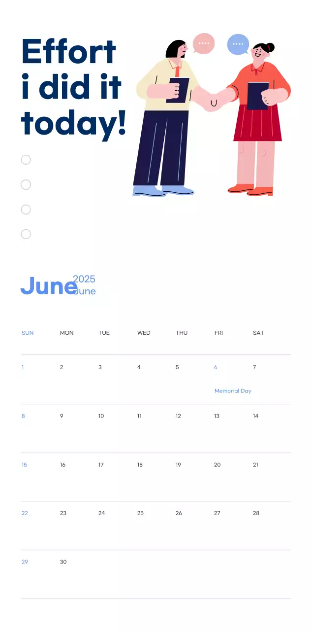 Motivational calendar with energetic illustrations and positive phrases on a light blue background