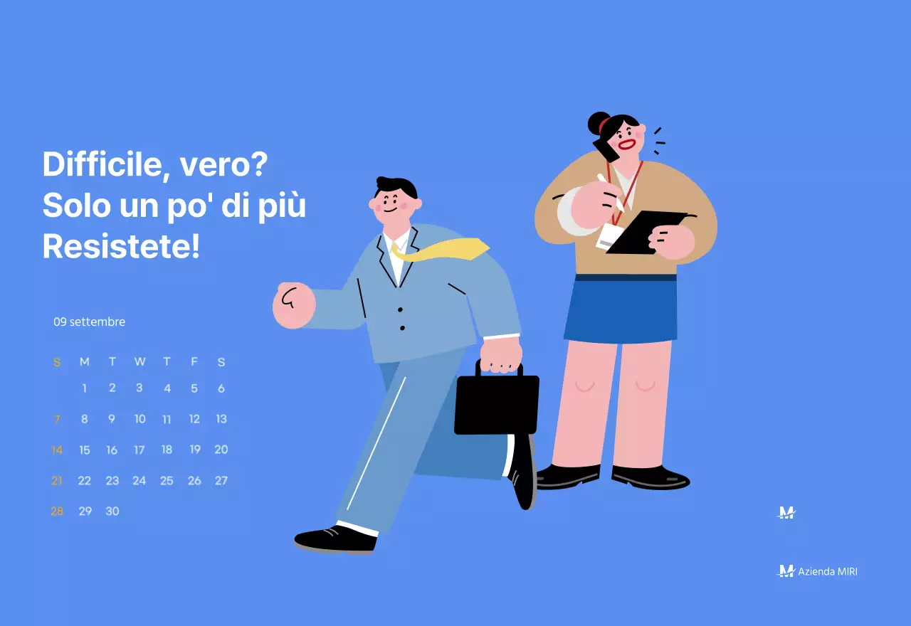 Calendario motivazionale con illustrazioni energetiche e citazioni positive su sfondo azzurro