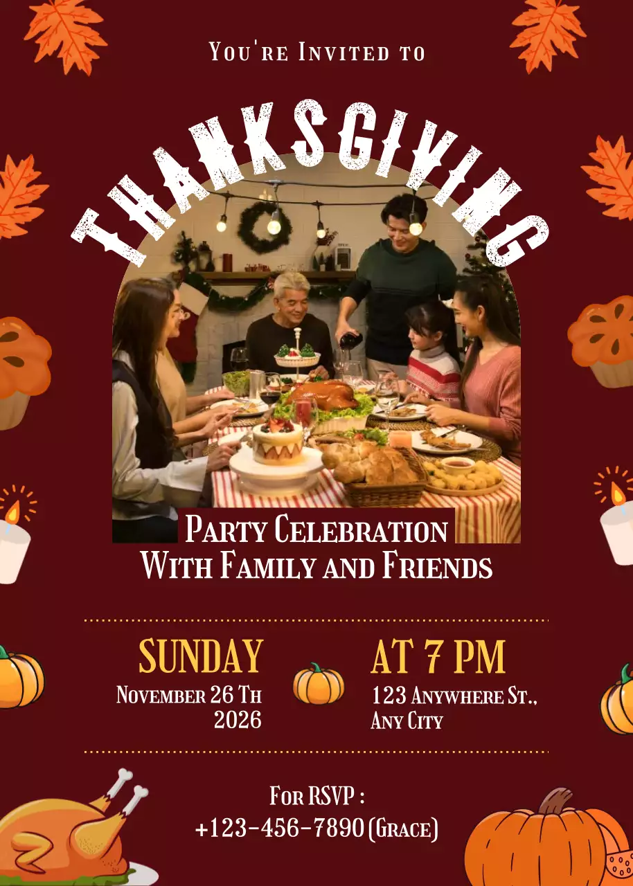 Thiệp mời tiệc Lễ Tạ ơn cổ điển màu nâu