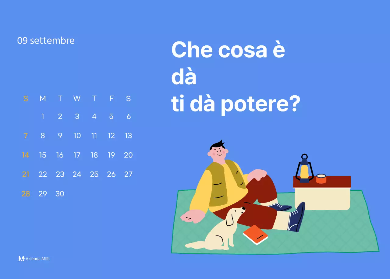 Calendario motivazionale con illustrazioni energetiche e citazioni positive su sfondo azzurro