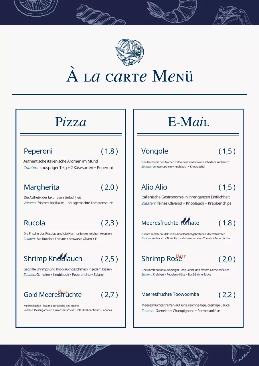 Eine Sammlung alter Menütafeln für Meeresfrüchte in Hellblau und Marineblau.