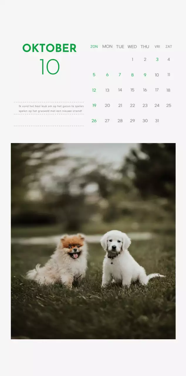 Een kalender met een puppyfoto en een schattige boodschap in groene accentkleur